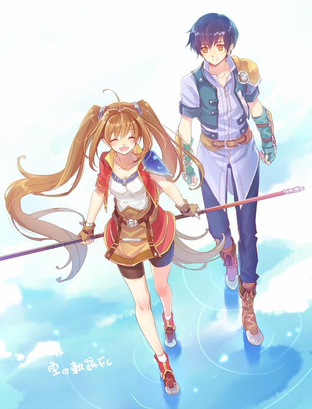 1boy, 1girl, blue_hair, brown_eyes, brown_hair, closed_eyes, eiyuu_densetsu, estelle_bright