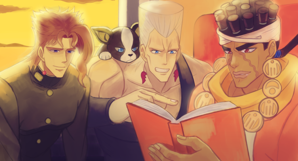 4boys, black_hair, blue_eyes, book, dog, grey_hair, higeneko_(pluie), iggy_(jojo), jean_pierre_polnareff, jojo_no_kimyou_na_bouken, kakyouin_noriaki, mohammed_avdol, multiple_boys, reading