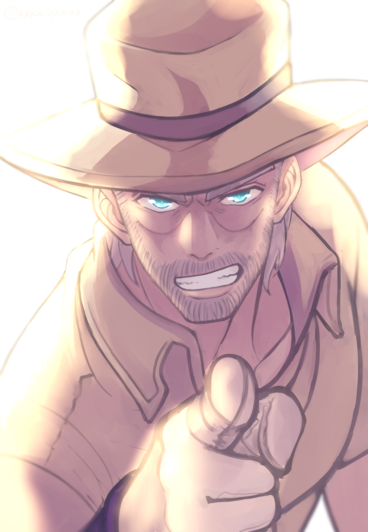 1boy, beard, blue_eyes, facial_hair, gloves, grey_hair, hat, higeneko_(pluie)