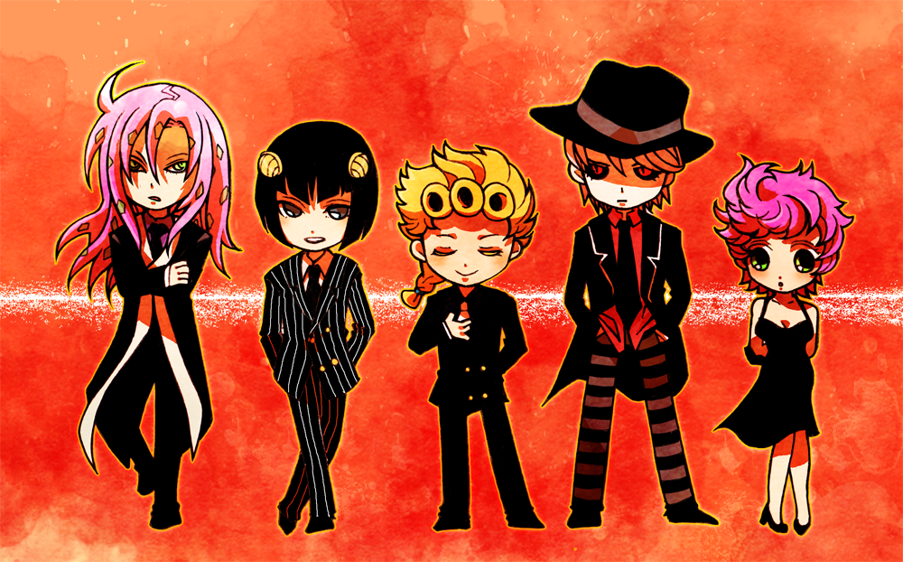1girl, 4boys, bebe_(ad234_tenrou), black_hair, blonde_hair, bruno_bucciarati, chibi, diavolo, giorno_giovanna, jojo_no_kimyou_na_bouken, mafia, multiple_boys, pink_hair, risotto_nero, trish_una