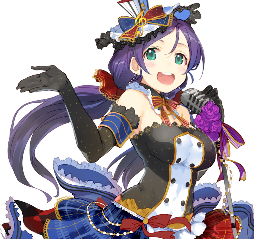 1girl, bare_shoulders, black_gloves, blush, breasts, cafe_maid, corsage, detached_collar, earrings, elbow_gloves, flower, gloves, green_eyes, happy, hat, jewelry, large_breasts, long_hair, looking_at_viewer, love_live!_school_idol_project, low_twintails, microphone, microphone_stand, mini_top_hat, musical_note, open_mouth, purple_hair, shirabi_(life-is-free), simple_background, skirt, smile, solo, top_hat, toujou_nozomi, twintails, very_long_hair, white_background