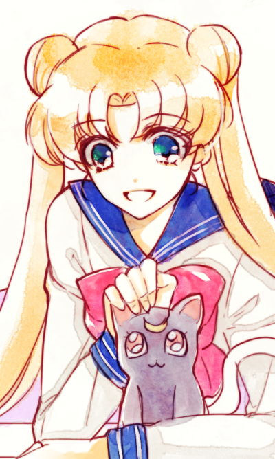 1girl, :d, akatsuki_(yaneura_alice), bishoujo_senshi_sailor_moon, blonde_hair, bow, cat, crescent