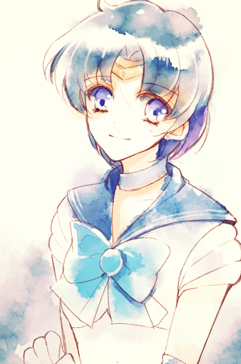 1girl, akatsuki_(yaneura_alice), bishoujo_senshi_sailor_moon, blue_eyes, blue_hair, bow, gloves, looking_at_viewer, magical_girl, mizuno_ami, sailor_collar, sailor_mercury, short_hair, smile, solo, tiara