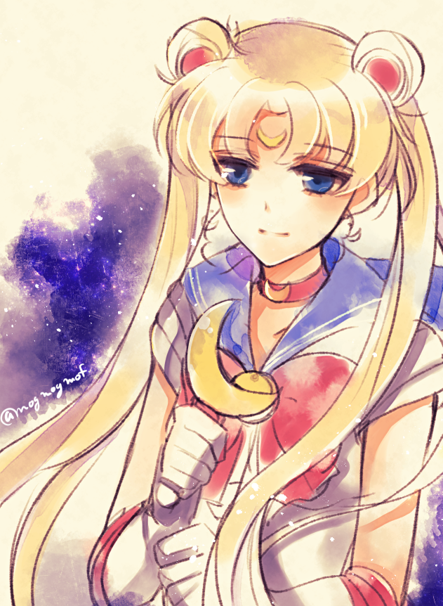 1girl, akatsuki_(yaneura_alice), bishoujo_senshi_sailor_moon, blonde_hair, blue_eyes, bow, choker, collarbone