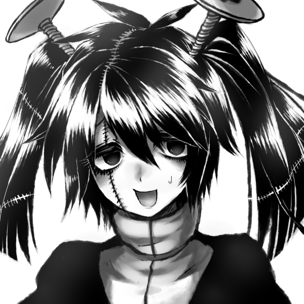 1girl, bags_under_eyes, greyscale, kumori_(mogeko), monochrome, open_mouth, porupu, screw