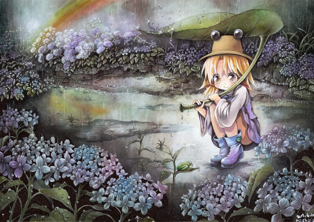 1girl, ballpoint_pen_(medium), blonde_hair, boots, calligraphy_pen_(medium), colored_pencil_(medium), flower, frog, grey_eyes, hat, hydrangea, leaf_umbrella, long_sleeves, moriya_suwako, mosho, puddle, rain, rainbow, shirt, skirt, skirt_set, solo, squatting, touhou, traditional_media, vest, watercolor_(medium), wide_sleeves