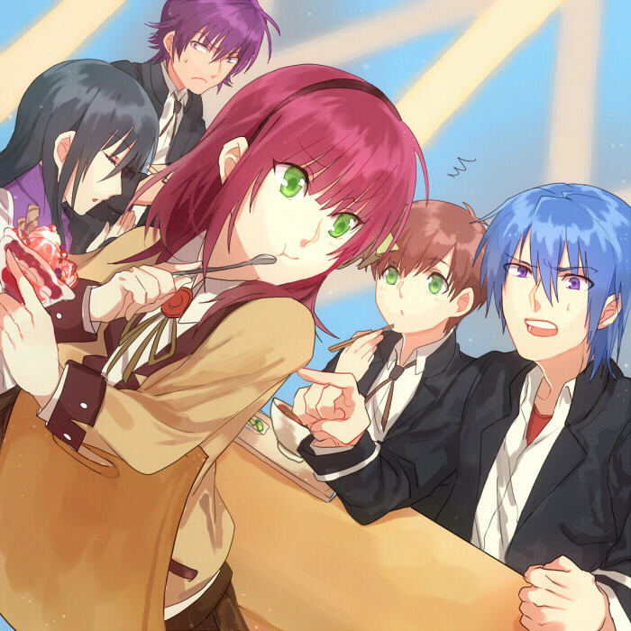 2girls, 3boys, angel_beats!, black_hair, blue_hair, brown_hair, dutch_angle, green_eyes