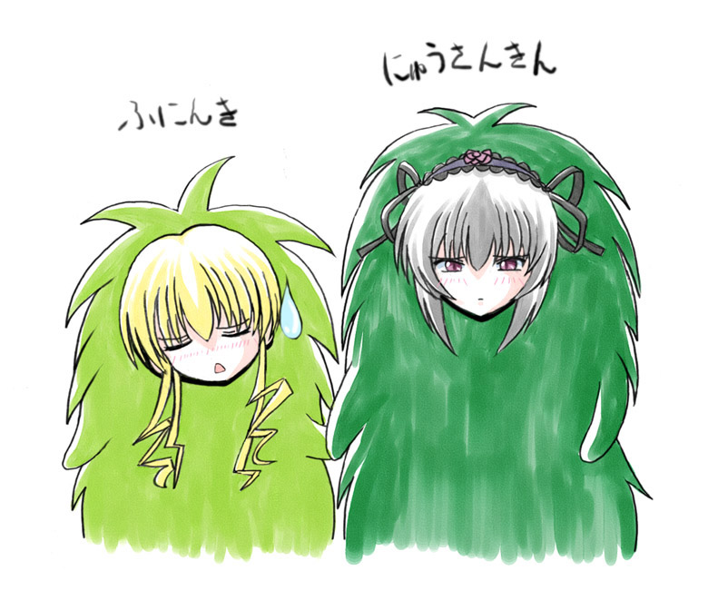 2girls, blonde_hair, closed_eyes, cosplay, crossover, expo2005, imai_kazunari, kiccoro, kiccoro_(cosplay), morizo, morizo_(cosplay), multiple_girls, no_nose, parody, rozen_maiden, shinku, suigintou, sweatdrop, translated