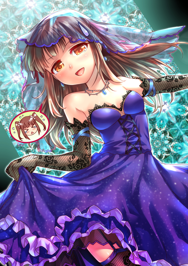 1girl, bare_shoulders, breasts, bridal_veil, brown_eyes, brown_hair, cleavage, cosplay