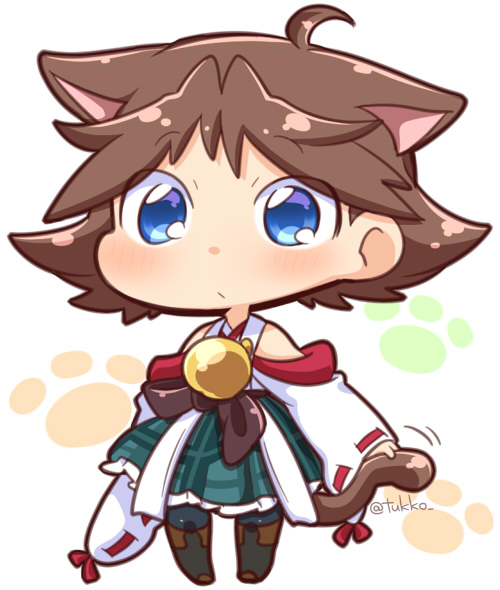 1girl, ahoge, animal_ears, bare_shoulders, black_legwear, blue_eyes, brown_hair, cat_ears, cat_tail, chibi, detached_sleeves, green_skirt, headgear, hiei_(kantai_collection), kantai_collection, kemonomimi_mode, short_hair, skirt, solo, tail, tsukko_(3ki2ne10), twitter_username, wide_sleeves