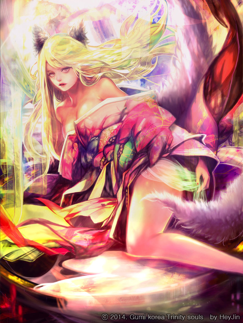 1girl, animal_ears, artist_name, blonde_hair, breasts, cleavage, copyright_name, heyjin