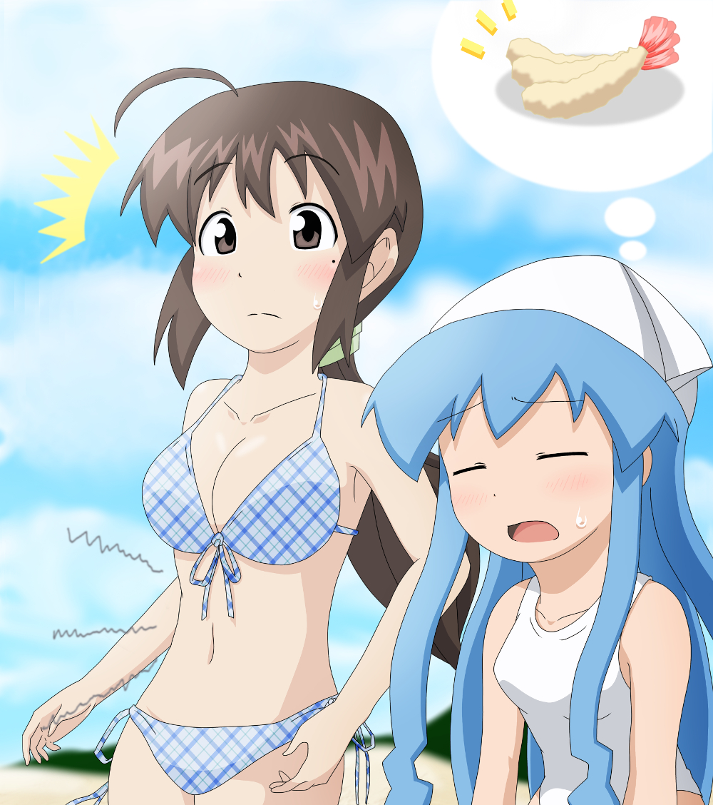 furukawa_keiko, hungry, ikamusume, navel, shinryaku!_ikamusume, stomach_growling, surprised, sweatdrop, swimsuit
