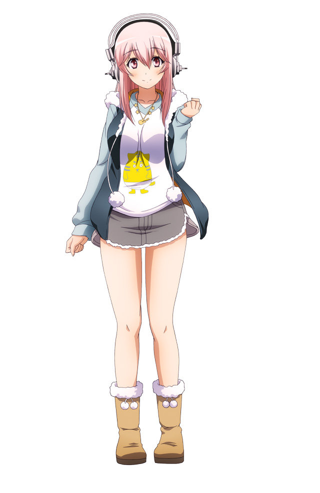 1girl, blush, breasts, full_body, headphones, large_breasts, long_hair, looking_at_viewer, nitro+_blasterz, nitroplus, official_art, pink_eyes, pink_hair, pom_pom_(clothes), smile, solo, super_sonico