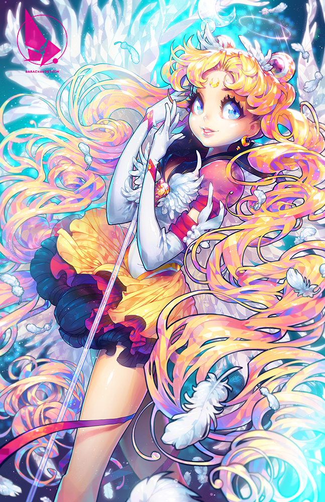1girl, barachan, bishoujo_senshi_sailor_moon, blonde_hair, blue_eyes, brooch, crescent, crescent_earrings, double_bun, earrings, elbow_gloves, eternal_sailor_moon, facial_mark, feathers, forehead_mark, gloves, hair_ornament, hairpin, jewelry, long_hair, magical_girl, sailor_collar, sailor_moon, skirt, smile, solo, staff, tsukino_usagi, twintails, white_gloves, wings
