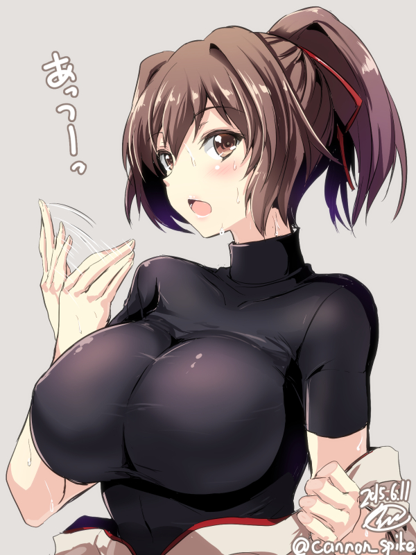 1girl, blush, breasts, brown_eyes, brown_hair, gin'ichi_(akacia), hair_ribbon, hot, ise_(kantai_collection), japanese_clothes, kantai_collection, long_hair, open_mouth, ponytail, ribbon, skin_tight, solo, sweat, sweating, undershirt