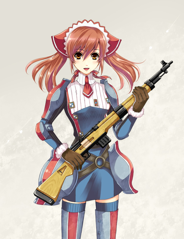 brown_eyes, brown_hair, gloves, gun, headdress, long_hair, military, military_uniform, necktie, nekopu, rifle, senjou_no_valkyria, senjou_no_valkyria_1, smile, thigh-highs, thighhighs, twintails, uniform, weapon, zettai_ryouiki
