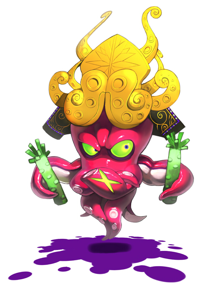 1boy, animal_focus, armor, coral, crossed_arms, dj_octavio, green_sclera, harau, helmet, japanese_armor, kabuto, male_focus, octarian, octopus, paint_splatter, scar, solo, splatoon, violet_eyes