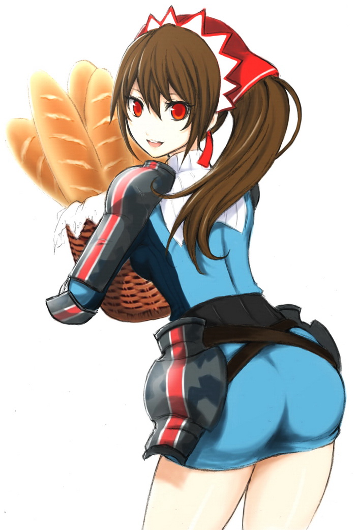 alicia_melchiott, ass, bread, brown_hair, chikage36, food, gloves, headdress