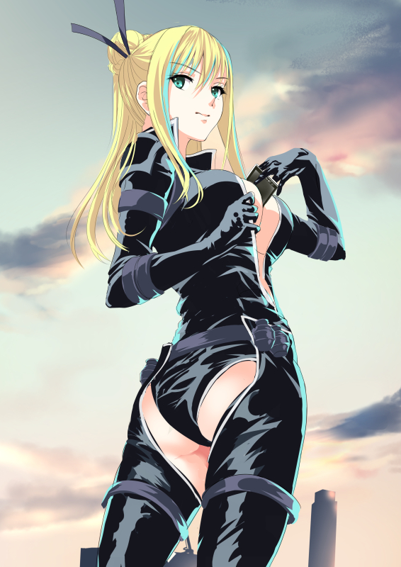 1girl, belt, between_breasts, blonde_hair, bodysuit, breasts, clouds, cloudy_sky
