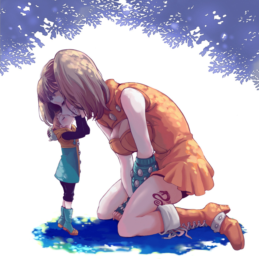 1boy, 1girl, boots, brown_hair, cika, diane_(nanatsu_no_taizai), giantess, highres