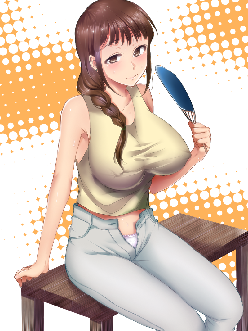 1girl, bare_shoulders, breasts, brown_eyes, brown_hair, earrings, fan, hot