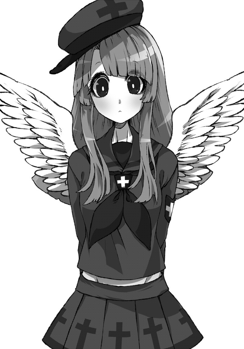 1girl, angel, angel_wings, arms_behind_back, asymmetrical_bangs, bangs, blush, bowtie