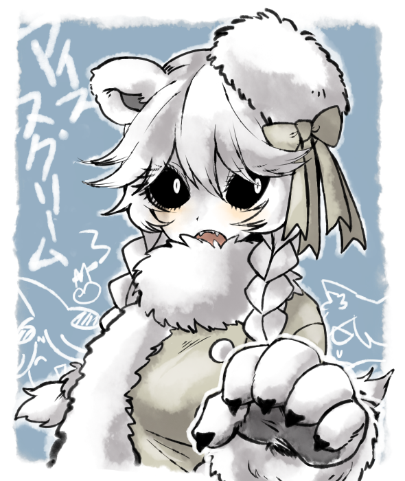1girl, bear, black_sclera, blush, bow, claws, fangs, fur_coat