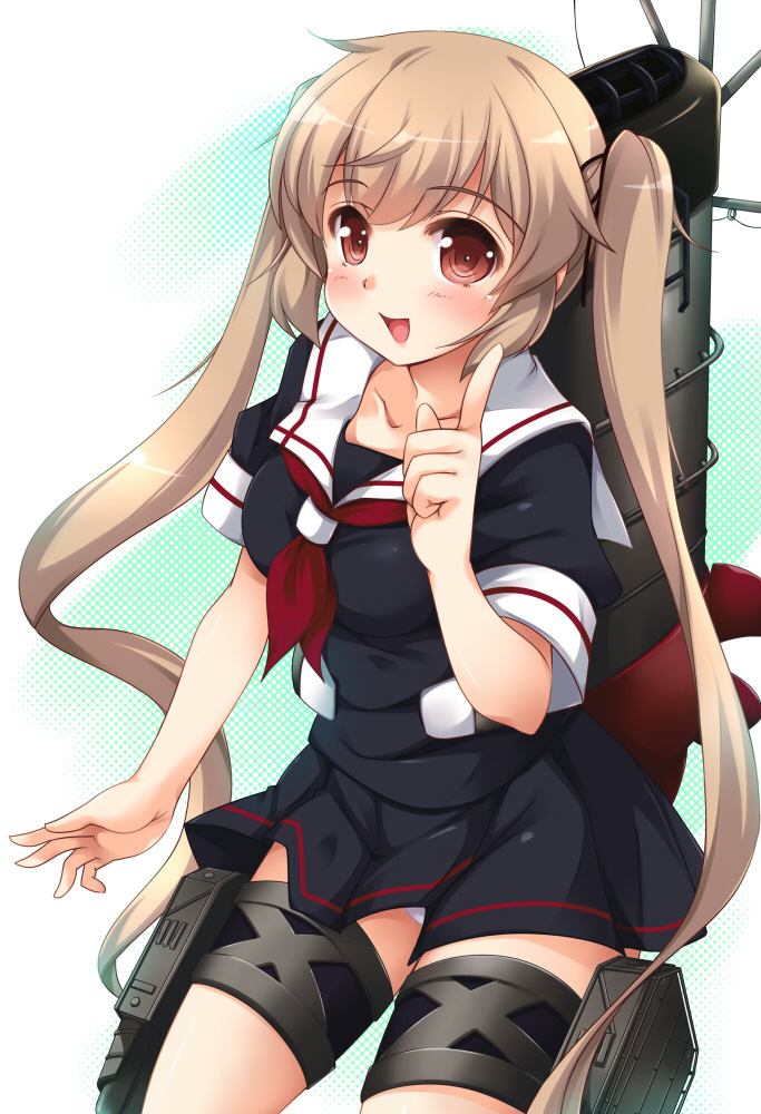 blouse, brown_hair, hair_ornament, hair_ribbon, kantai_collection, kougasha, long_hair, machinery