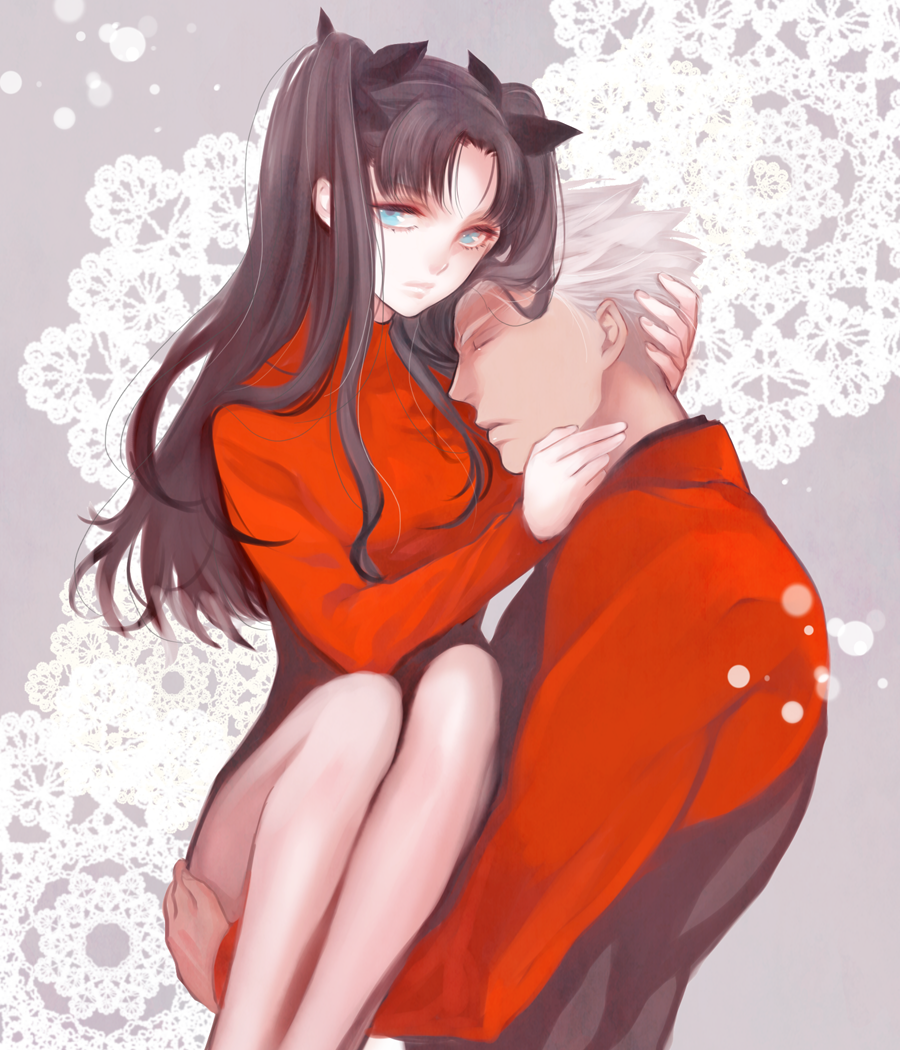 1boy, 1girl, archer, black_hair, blue_eyes, fate/stay_night, fate_(series), jun_(ash), no_legwear, tohsaka_rin, toosaka_rin, two_side_up, white_hair
