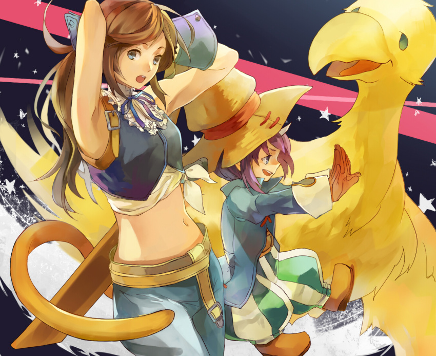 2girls, alternate_costume, armpits, arms_behind_head, arms_up, baggy_pants, blue_eyes, brown_hair, chocobo, commentary, crossdressinging, eiko_carol, final_fantasy, final_fantasy_ix, garnet_til_alexandros_xvii, gloves, hat, horn, long_hair, looking_at_viewer, midriff, multiple_girls, navel, neck_ribbon, pants, purple_hair, ribbon, scabbard, sheath, shirt, short_hair, smile, tail, tamu_(tamurarucaffe1226), tied_shirt, vivi_ornitier, vivi_ornitier_(cosplay), witch_hat, wrist_cuffs, zidane_tribal, zidane_tribal_(cosplay)