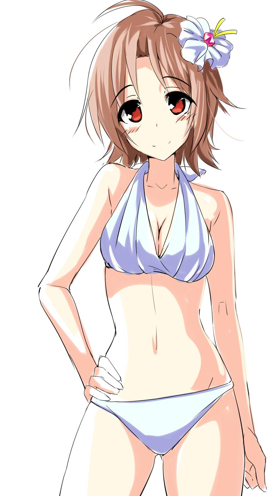 1girl, ahoge, bikini, brown_hair, flower, hair_flower, hair_ornament, highres