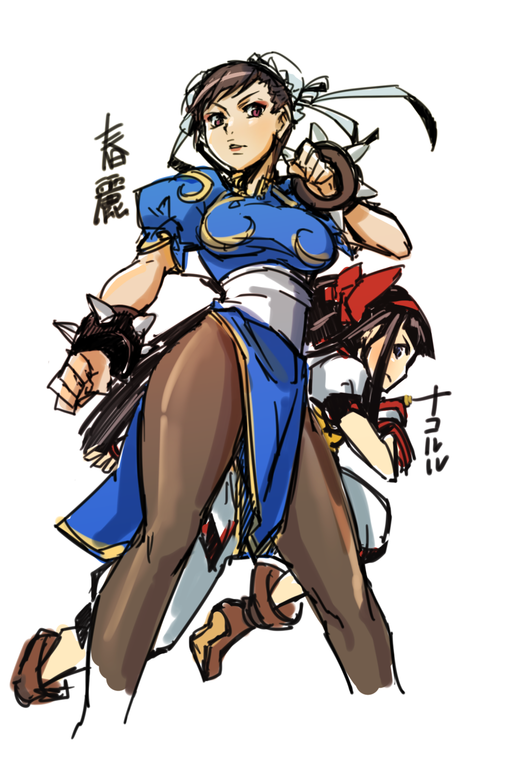 2girls, ainu_clothes, ankle_boots, black_hair, boots, bracelet, breasts, brown_eyes