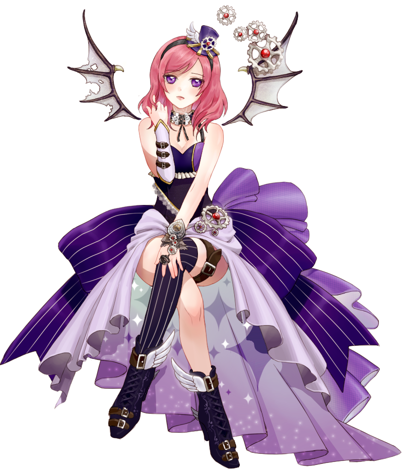1girl, boots, choker, cornpu, crossed_legs, dress, gears, hair_twirling, hairband, hat, jewelry, lipstick, love_live!_school_idol_project, makeup, mini_top_hat, necklace, nishikino_maki, purple_dress, redhead, shoes, short_hair, single_thighhigh, solo, sparkle, steampunk, striped, striped_legwear, thigh-highs, thigh_strap, top_hat, vertical-striped_legwear, vertical_stripes, violet_eyes, white_background, winged_shoes, wings