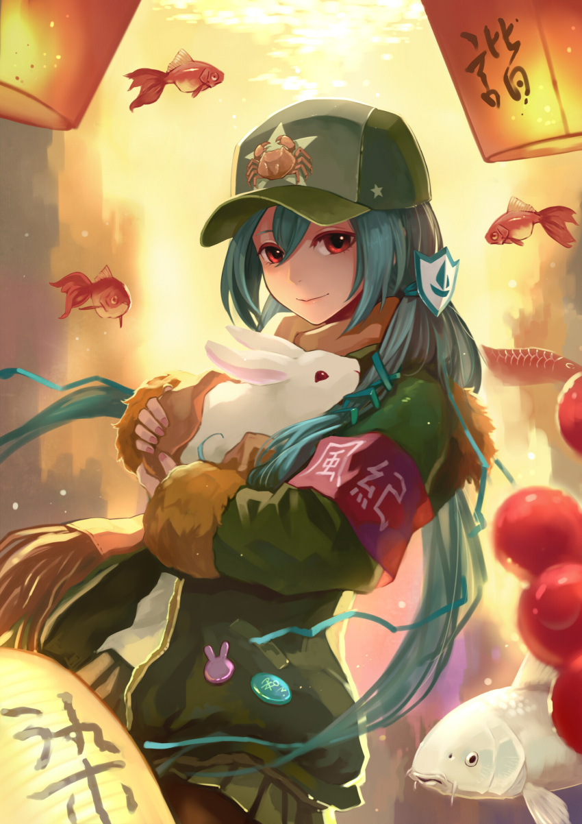 1girl, absurdres, aqua_hair, armband, carp, crazat, fish, goldfish