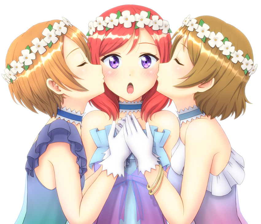 3girls, blush, brown_hair, cheek_kiss, closed_eyes, flower, gloves, hair_flower, hair_ornament, hoshizora_rin, kiss, koizumi_hanayo, love_live!_school_idol_project, multiple_girls, nishikino_maki, open_mouth, orange_hair, redhead, shishamo_(scholacco), short_hair, simple_background, violet_eyes, white_background, yuri