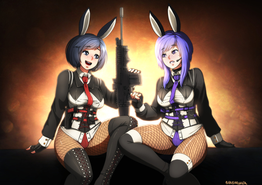 2girls, all_points_bulletin, animal_ears, barbariank, battle_rifle, black_gloves, black_hair, blue_eyes