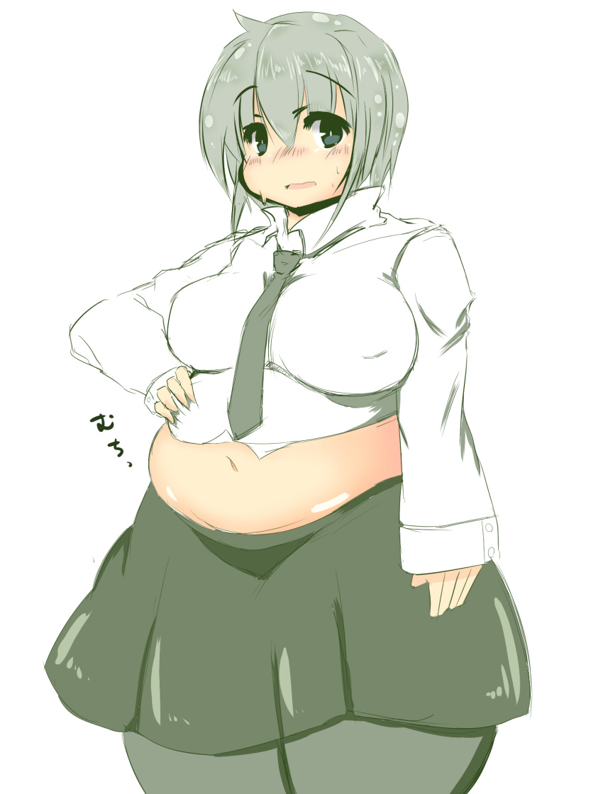 1girl, belly, big_belly, black_eyes, breasts, collared_shirt, fat, highres