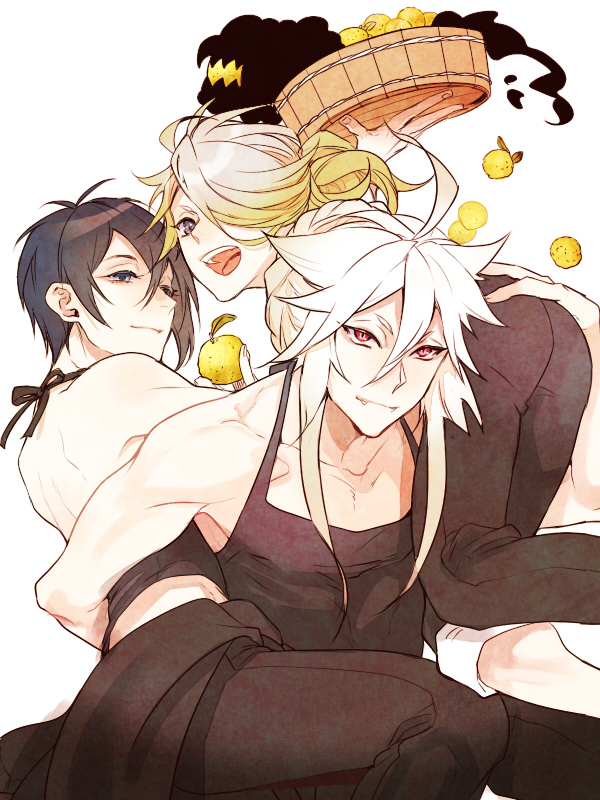 3boys, blonde_hair, blue_eyes, carrying_over_shoulder, carrying_under_arm, hair_over_one_eye, kogitsunemaru, long_hair