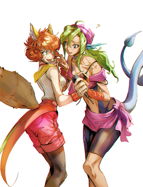 2girls, animal_ears, bike_shorts, breasts, choker, fang, finger_to_mouth, fox_ears