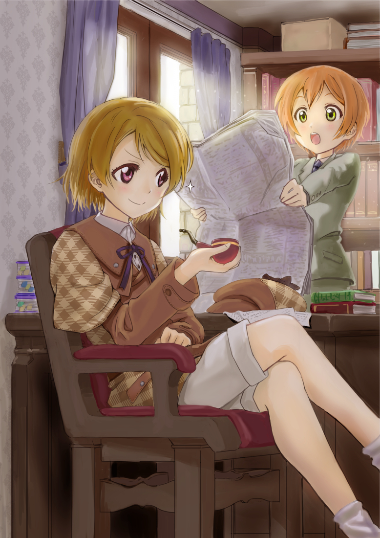 2girls, :o, armchair, bangs, blonde_hair, book, book_stack, bookmark