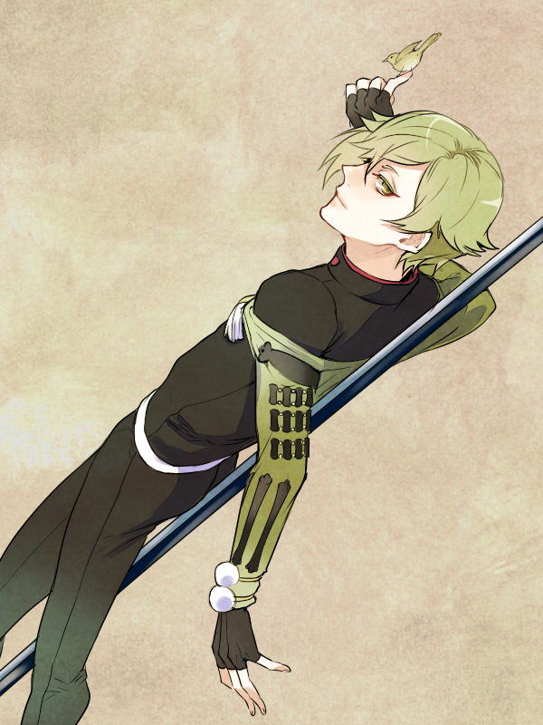 1boy, bird, black_gloves, dutch_angle, fingerless_gloves, gloves, green_eyes, green_hair