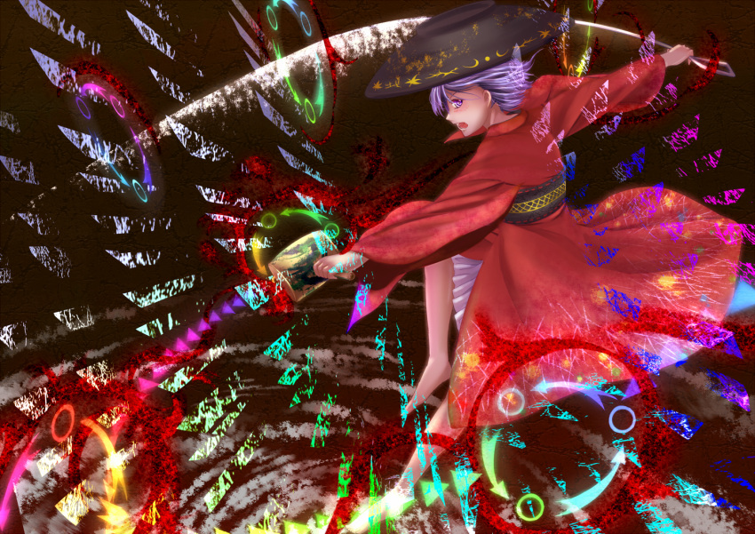 1girl, barefoot, bowl_hat, haru-kun, japanese_clothes, kimono, leg_lift, miracle_mallet