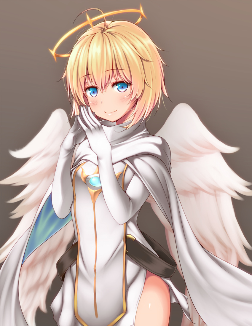 1girl, ahoge, angel_wings, big_wednesday, blonde_hair, blue_eyes, blush, brown_background