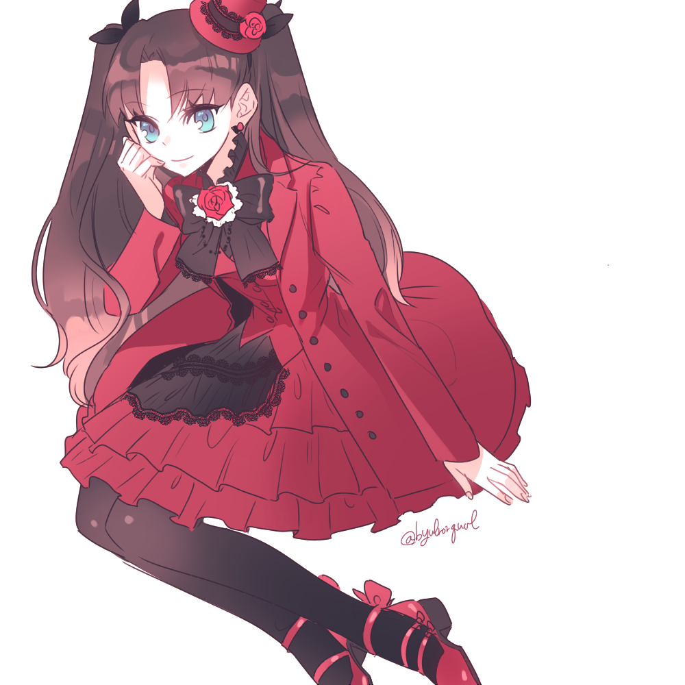 1girl, blue_eyes, brown_hair, byulrorqual, dress, fate/stay_night, fate_(series), frilled_dress