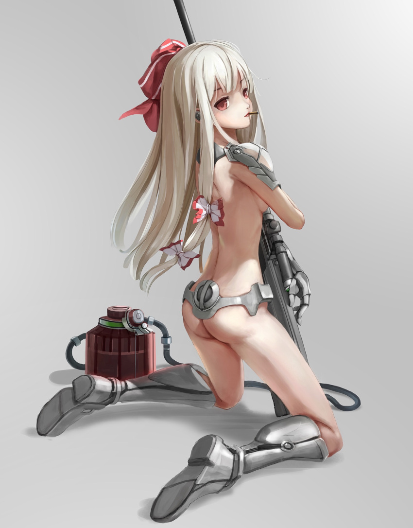 1girl, ass, back, backlighting, bangs, beige_hair, bionic, bow