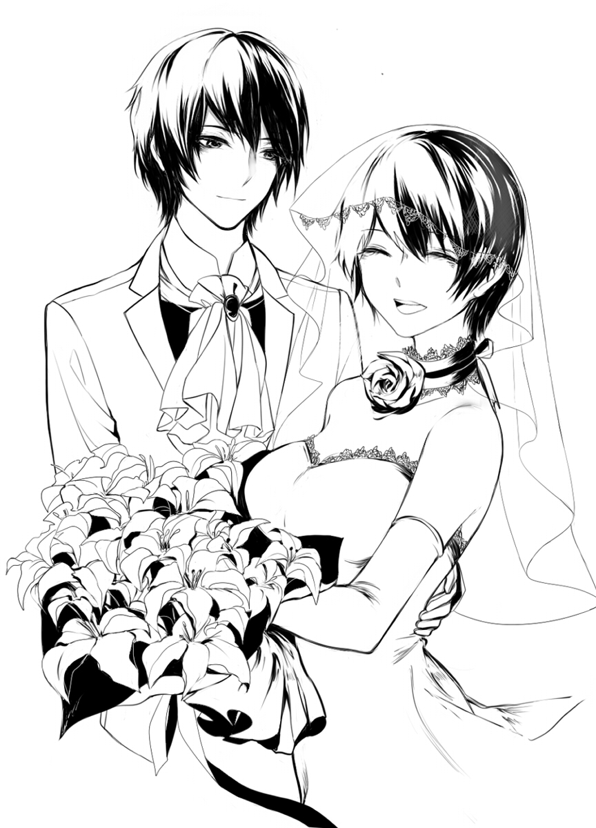 1boy, 1girl, ansatsu_kyoushitsu, bare_shoulders, bouquet, bridal_veil, couple, dress