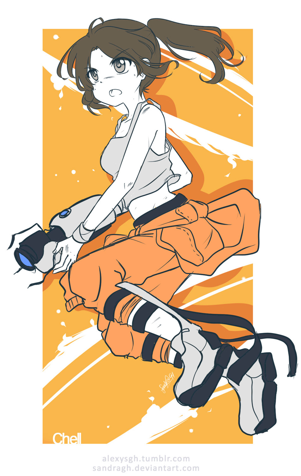 1girl, aperture_science_advanced_knee_replacement, aperture_science_handheld_portal_device, bare_shoulders, boots, breasts, brown_eyes, brown_hair