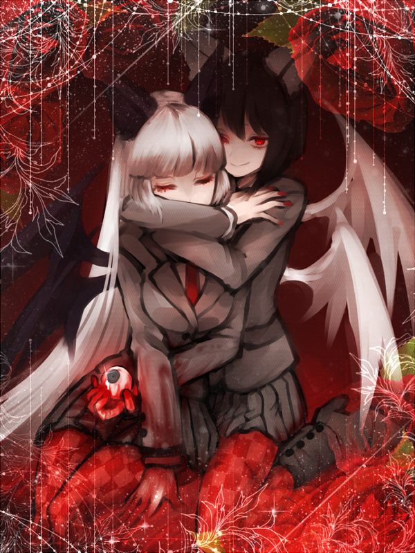 2girls, arbus, ater, black_hair, black_wings, blazer, blood, blood_on_hands, bloody_clothes, bob_cut, boots, checkered, checkered_legwear, closed_eyes, demon, demon_wings, eyeball, flower, from_behind, haiiro_teien, hime_cut, horns, hug, hug_from_behind, long_hair, looking_at_viewer, multiple_girls, multiple_wings, necktie, pantyhose, pleated_skirt, porupu, red, red_eyes, red_fingernails, red_legwear, rose, school_uniform, siblings, sitting, skirt, skirt_set, smile, twins, white_hair, white_wings, wings