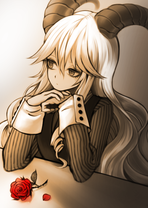 1girl, chin_rest, demon_horns, dress_shirt, flat_gaze, flower, haiiro_teien, horns, long_hair, looking_to_the_side, monochrome, porupu, reficul, rose, sepia, shirt, solo, spot_color, upper_body, vest, wavy_hair, white_hair