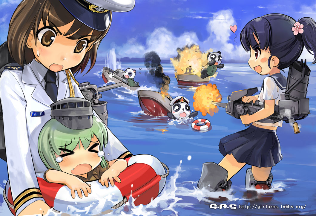 blue_hair, brown_eyes, brown_hair, china, destroyer, explosion, flower, girl_arms